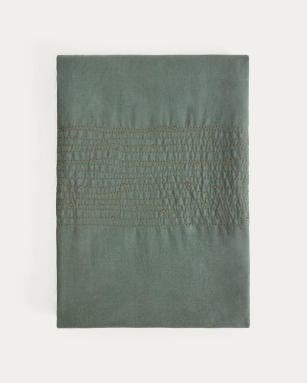 Tischdecke Flia aus Leinen und Baumwolle in Grün mit grüner Lurexstickerei, 150 x 250 cm