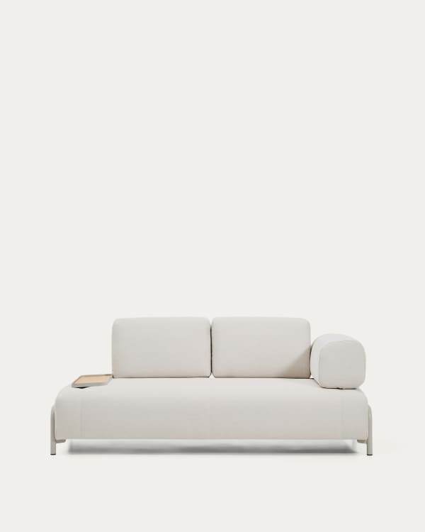 2-Sitzer-Sofa Compo aus Chenille in Ecru, kleines Tablett mit Eichenfurnier und beiges Metallgestell 200 cm FSC Mix Credit