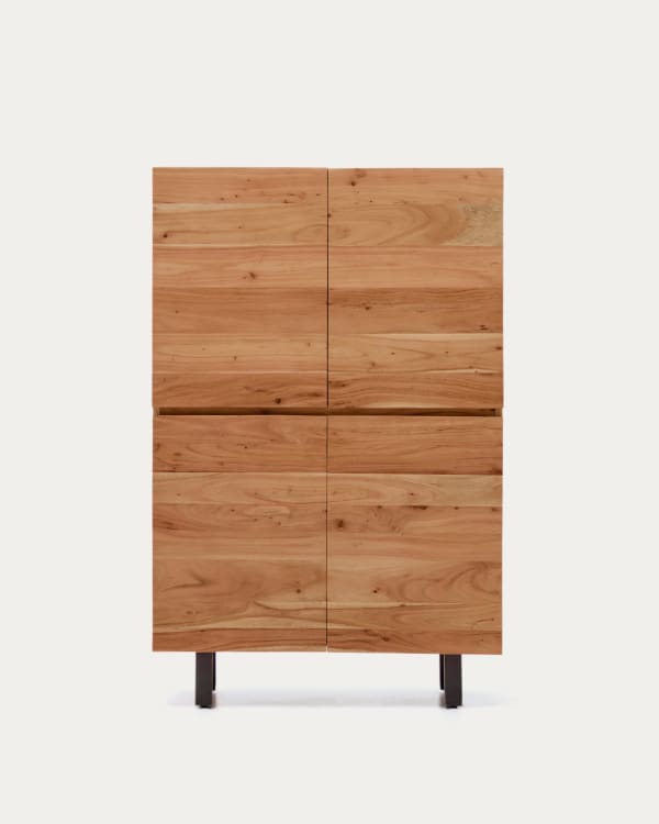 Uxue 4-door tall sideboard in solid acacia wood with bleached finish and black steel 100 x 155cm