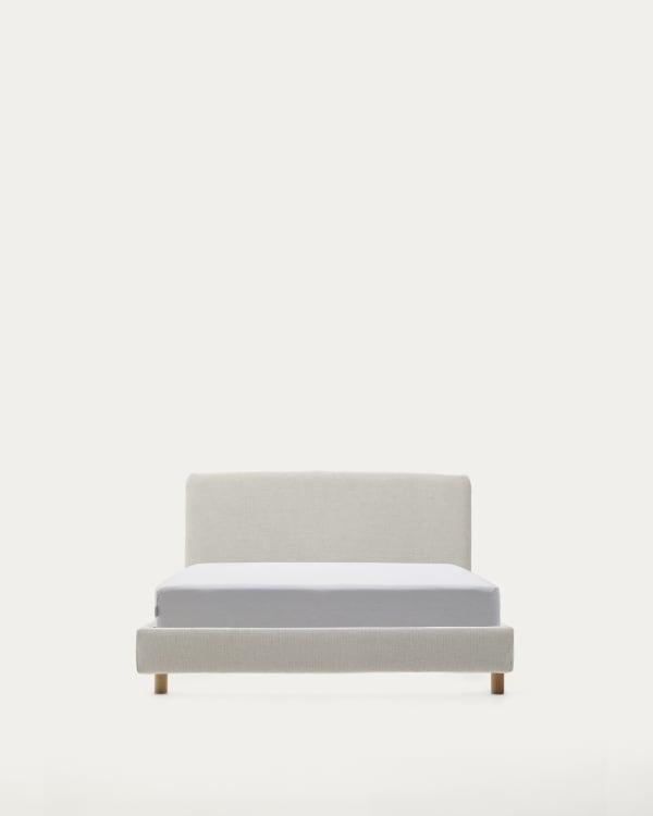 Abziehbares Bett Valma aus perlfarbener Chenille mit Beinen aus massivem Buchenholz für Matratze von 90 x 200 cm