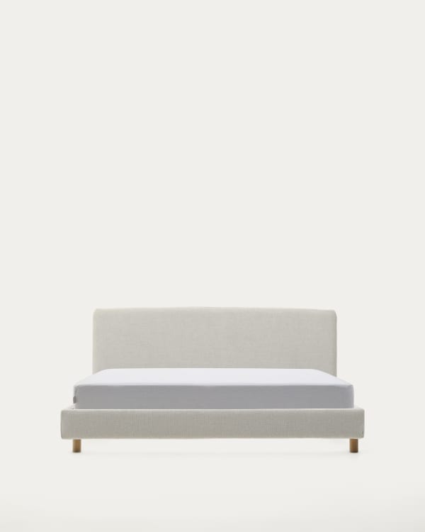 Abziehbares Bett Valma aus perlfarbener Chenille mit Beinen aus massivem Buchenholz für Matratze von 160 x 200 cm