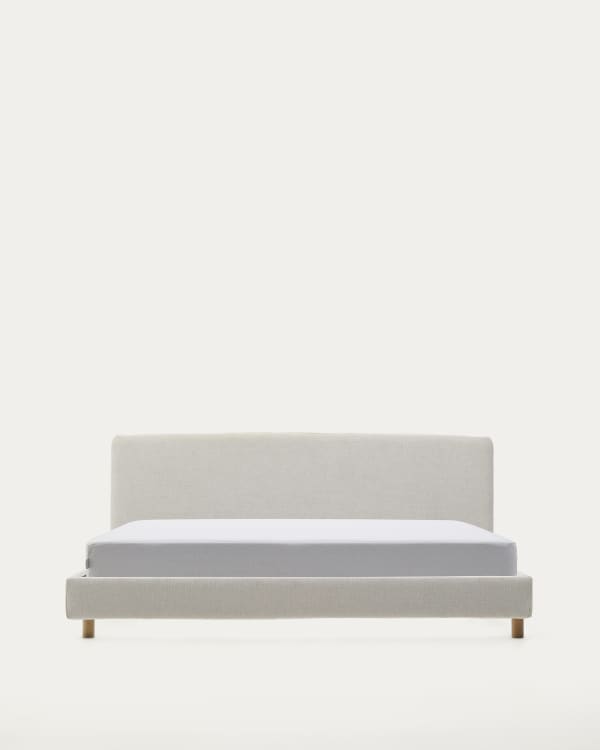Abziehbares Bett Valma aus perlfarbener Chenille mit Beinen aus massivem Buchenholz für Matratze von 180 x 200 cm