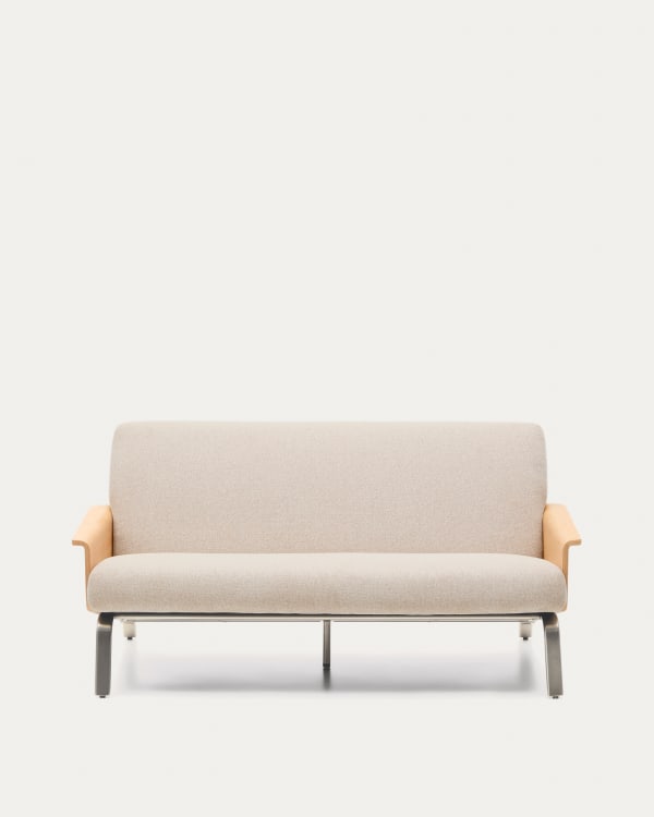 Amsen beige 2-seater sofa in oak plywood with brushed stainless steel legs 150cm FSC 100%