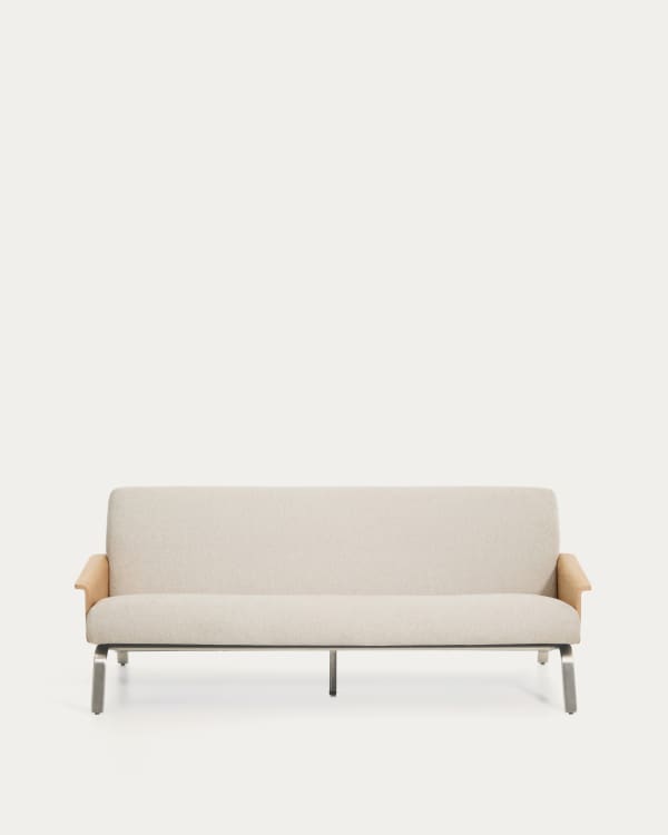 3-Sitzer-Sofa Amsen aus Eichensperrholz mit beiger Chenille und Beinen aus em gebürsteten Edelstahl 190 cm FSC 100 %