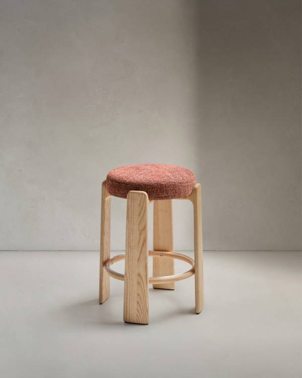 Granite fire-retardant stool in terracotta chenille and solid ash wood with natural finish FSC 100% 65 cm
