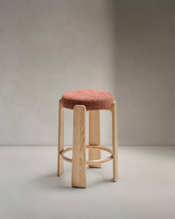 Granite fire-retardant stool in terracotta chenille and solid ash wood with natural finish FSC 100% 75 cm