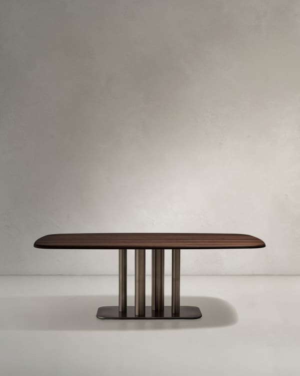 Melvar table made from walnut veneer and legs with brushed stainless steel base 220 x 110cm