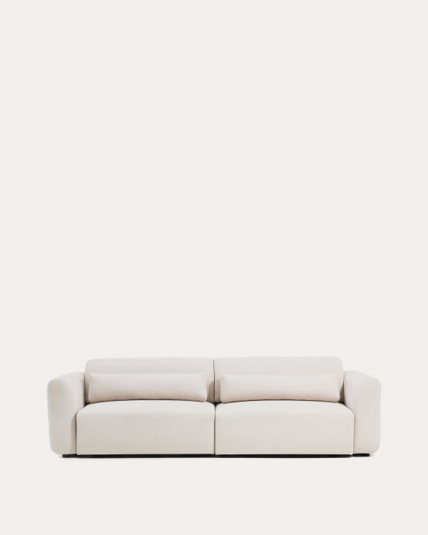 Lares 4-seater sofa with motorised sliding seats and reclining headrest in beige chenille 290cm
