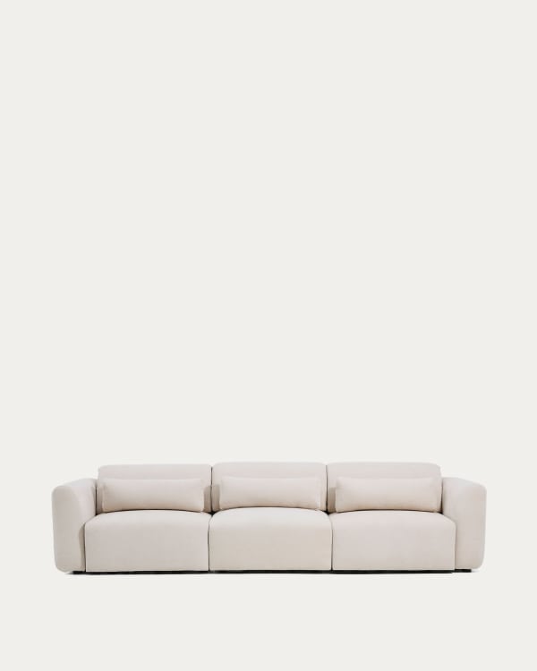 Lares 5-seater sofa with motorised sliding seats and reclining headrest in beige chenille 335cm