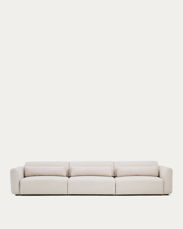 Lares 6-seater sofa with motorised sliding seats and reclining headrest in beige chenille 410cm