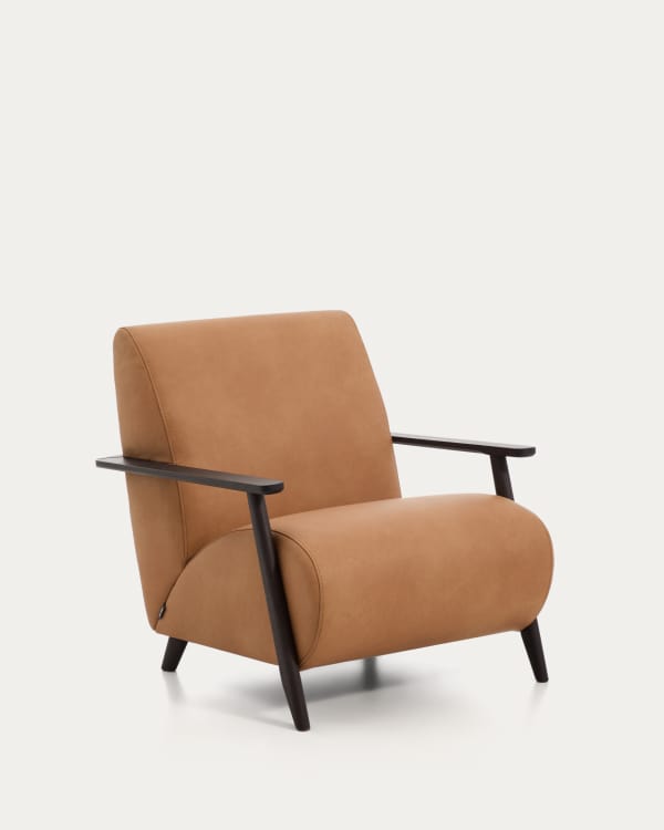 Meghan armchair in brown leather and solid ash wood with wenge-coloured finish FSC Mix Credit