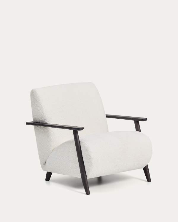 Meghan fire-retardant armchair in ecru bouclé and solid ash wood with wenge-coloured finish FSC Mix Credit