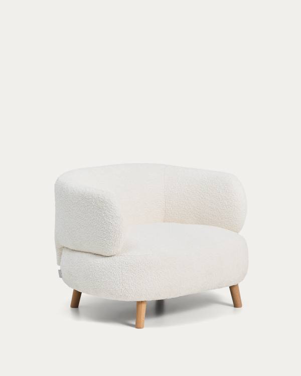 Luisa fire-retardant ecru bouclé armchair with solid beech wood legs 90cm