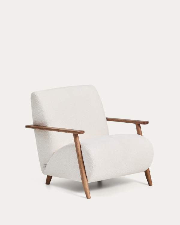 Meghan fire-retardant armchair in ecru bouclé and solid ash wood with walnut-coloured finish FSC Mix Credit