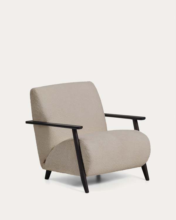 Meghan fire-retardant armchair in beige bouclé and solid ash wood with wenge-coloured finish FSC Mix Credit