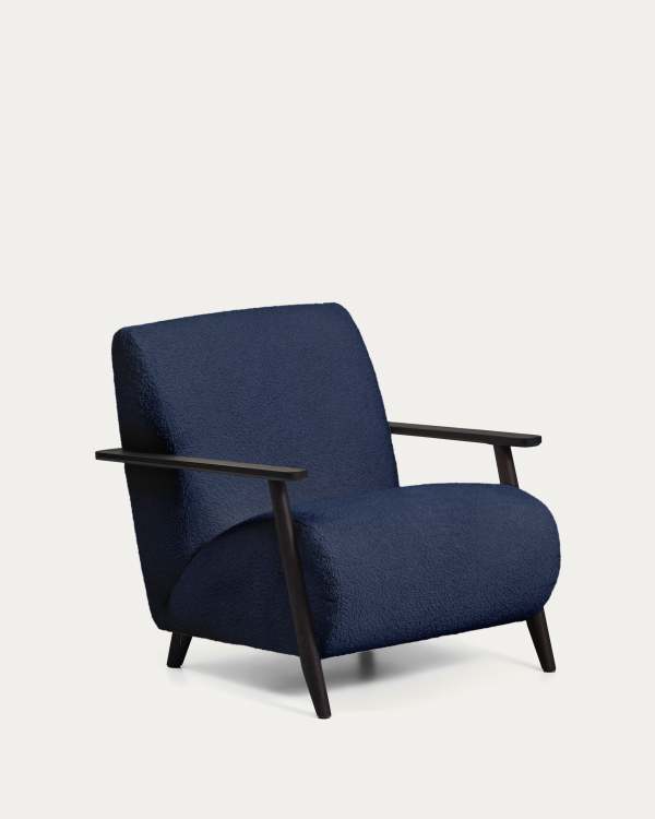 Meghan fire-retardant armchair in blue bouclé and solid ash wood with wenge-coloured finish FSC Mix Credit