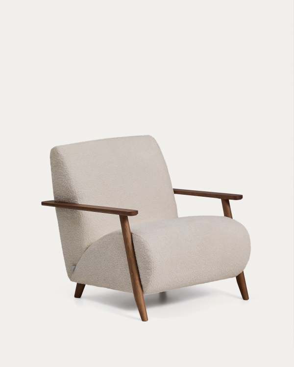 Meghan fire-retardant armchair in beige bouclé and solid ash wood with walnut-coloured finish FSC Mix Credit