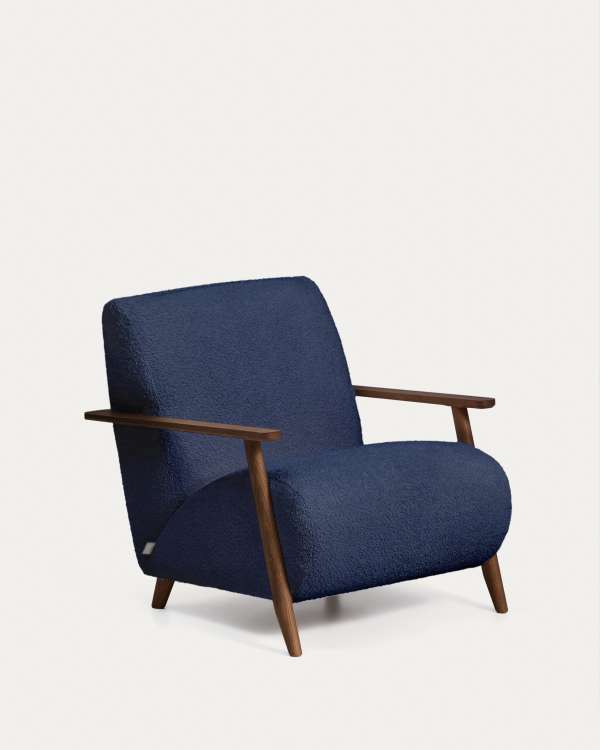 Meghan fire-retardant armchair in blue bouclé and solid ash wood with walnut-coloured finish FSC Mix Credit