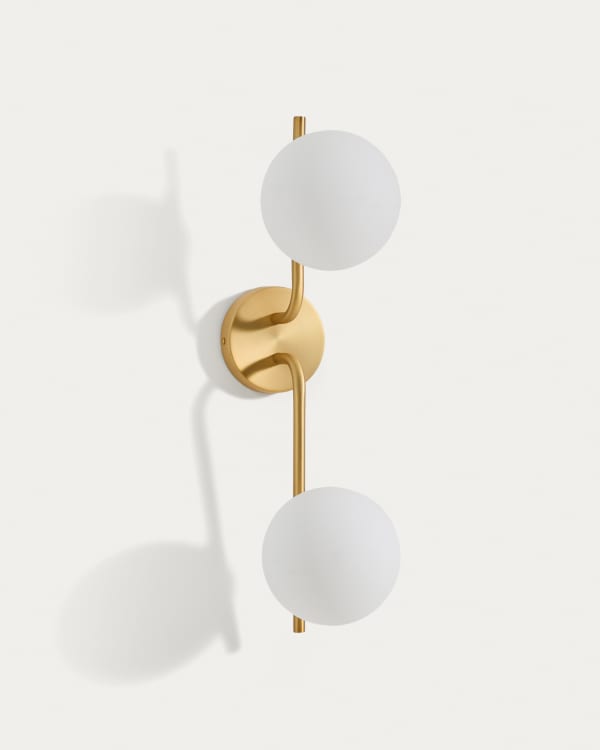 Brisia metal wall lamp with brushed brass finish and 2 frosted glass balls Ø15cm