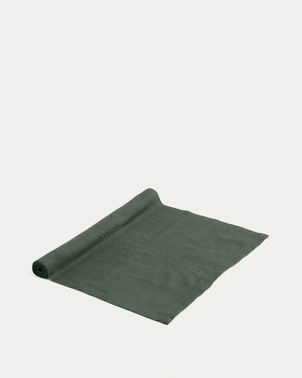 Flia linen and cotton table runner in green, with green lurex embroidery detail 50 x 150cm.