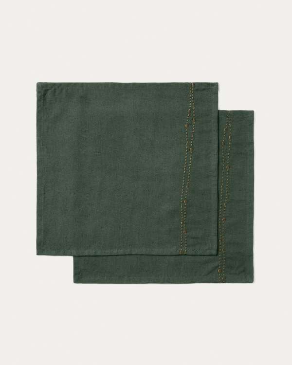 Flia set of 2 green linen and cotton napkins with gold lurex embroidery detail 30 x 30cm