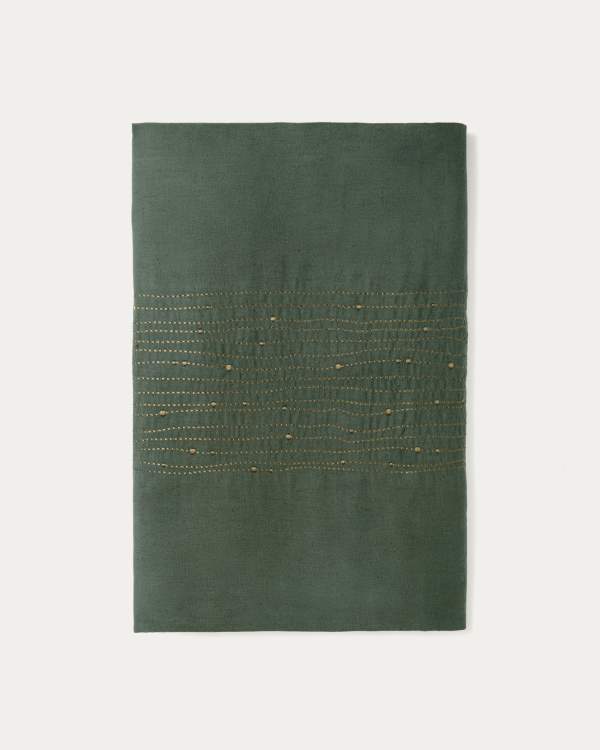 Flia green linen and cotton tablecloth with green lurex embroidery detail 150 x 250cm