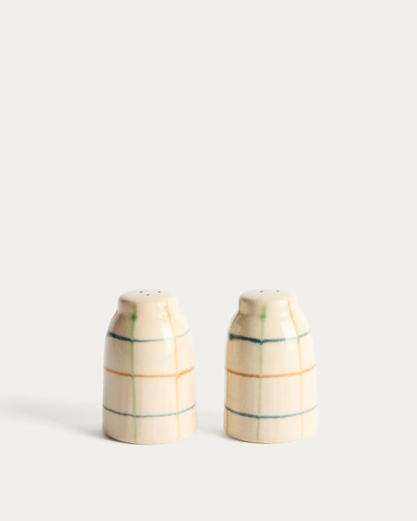 Belor set of ceramic salt and pepper shakers with multicoloured lines