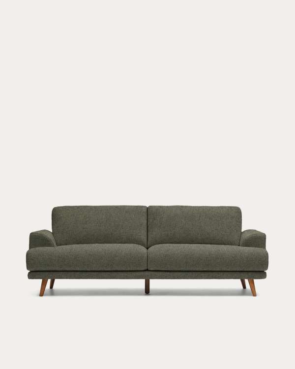 Karin 3-seater sofa in dark green chenille with solid beech wood legs in walnut-tone finish 228 cm