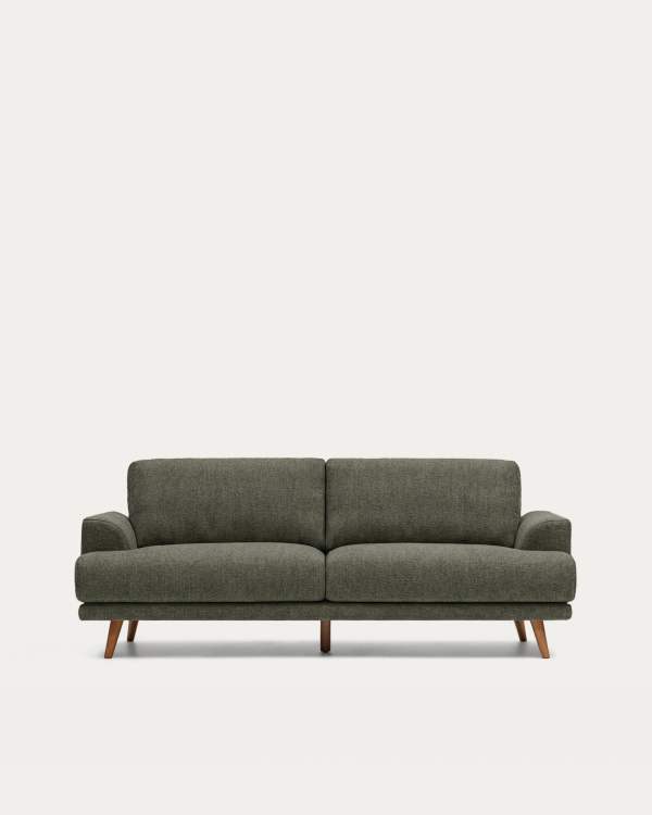 Karin 2-seater sofa in dark green chenille with solid beech wood legs in walnut-tone finish 211 cm