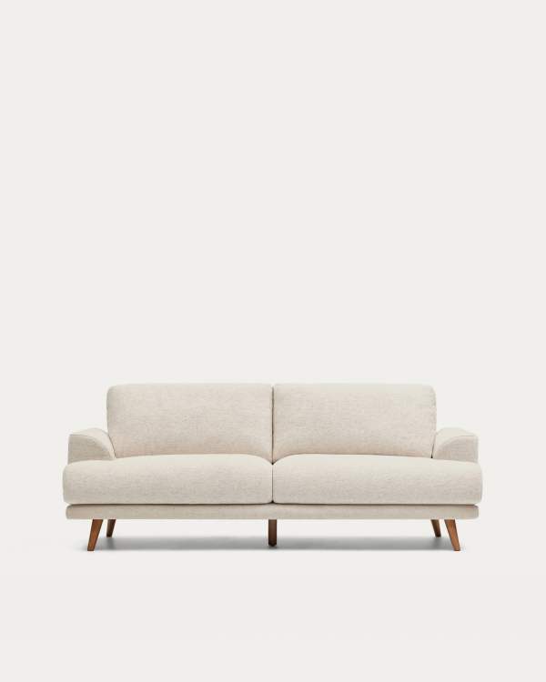 Karin 2-seater sofa in beige chenille with solid beech wood legs in walnut-tone finish 210 cm