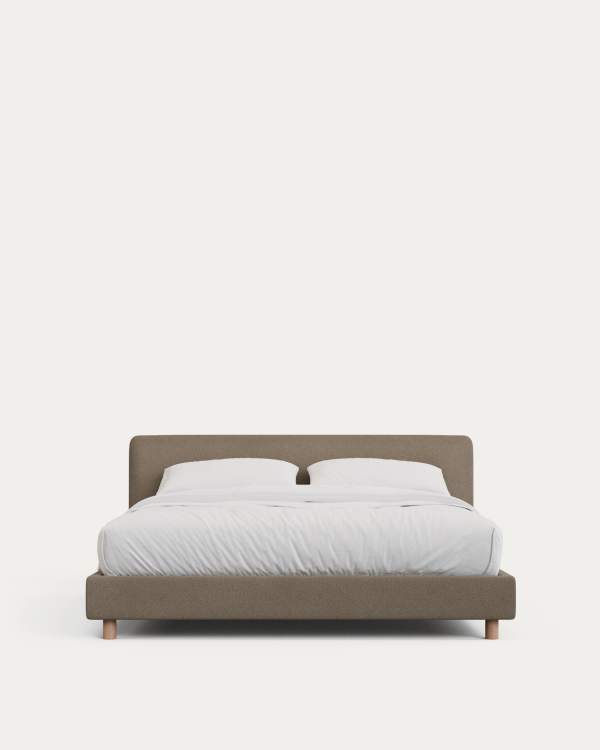 Valma brown chenille bed with removable cover with solid beech wood legs for 160 x 200cm mattress