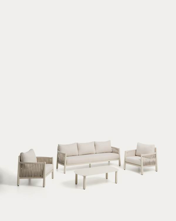 Aleria set with 3-seater sofa, 2 armchairs and coffee table in aluminium and ecru synthetic rope