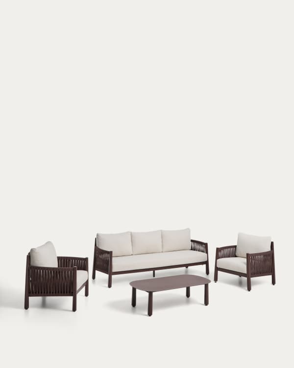 Aleria set with 3-seater sofa, 2 armchairs and coffee table in brown aluminium and synthetic rope cord