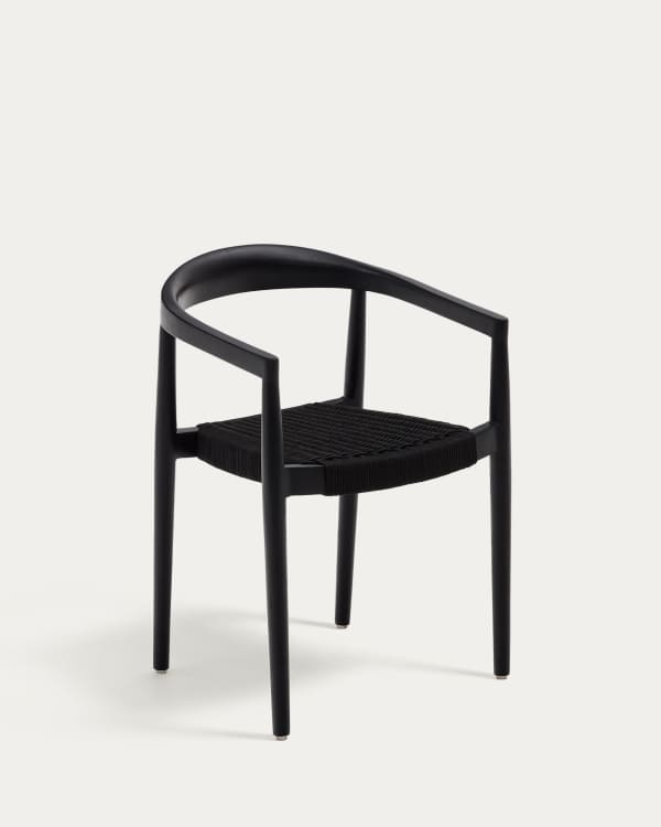Ydalia stackable outdoor chair in solid teak wood with black finish and black rope