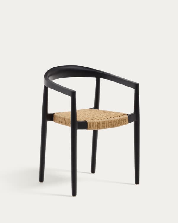 Ydalia stackable outdoor chair in solid teak wood with black finish and synthetic rattan rope