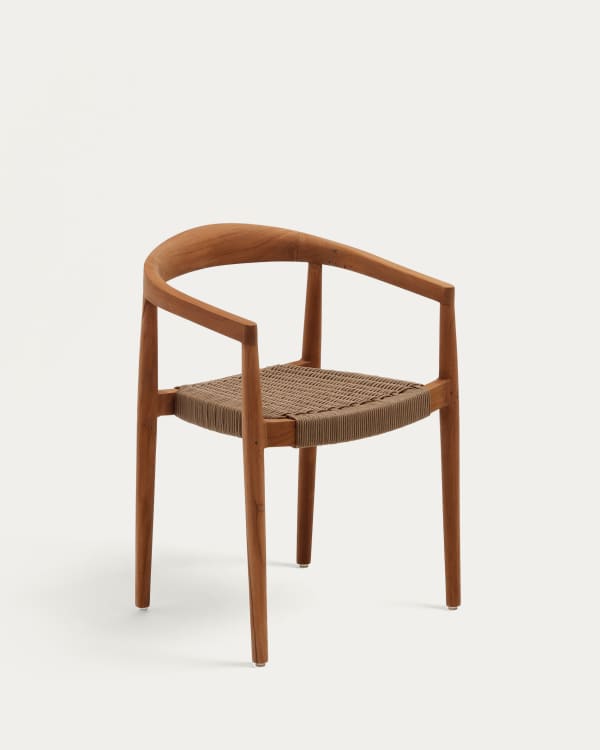 Ydalia stackable outdoor chair in solid teak wood with natural finish and beige rope