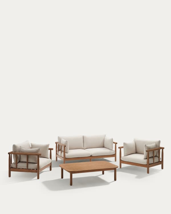 Sacova set of 2 armchairs, 2 seater sofa and coffee table in solid eucalyptus wood FSC