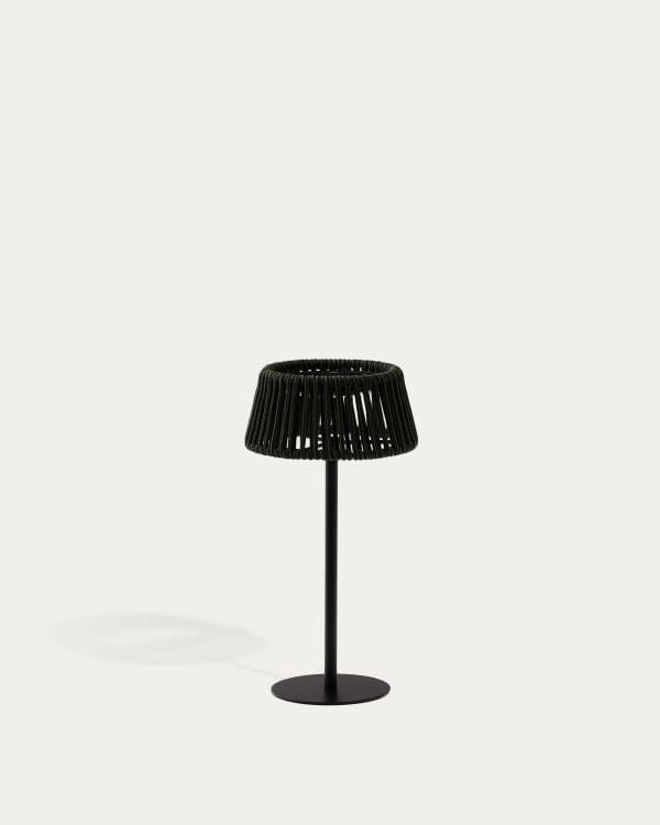 Aldet outdoor solar table lamp in black and green mottled rope cord with black metal stand