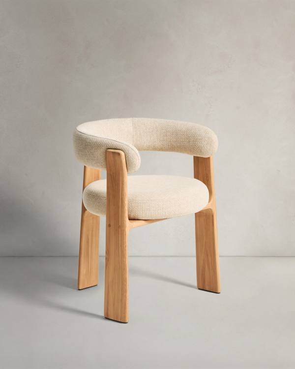 Granite 3-leg beige outdoor chair with FSC 100% solid teak wood legs in a natural finish