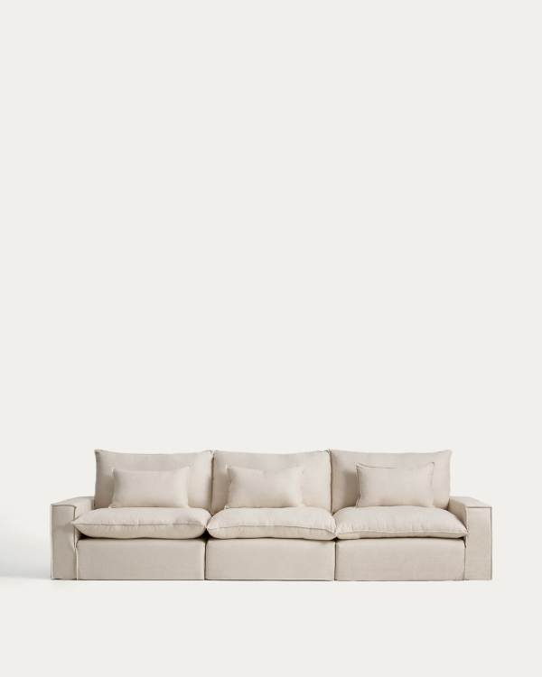5-Sitzer-Modularsofa Anarela mit abnehmbarem Bezug aus Leinen und Viskose in Beige, 370 cm, FSC Mix Credit
