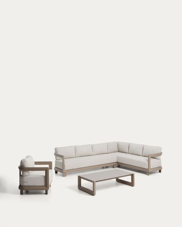 Set Nerano mit 5-Sitzer-Ecksofa, Sessel und Couchtisch aus gehärtetem Glas und Aluminium in Taupe