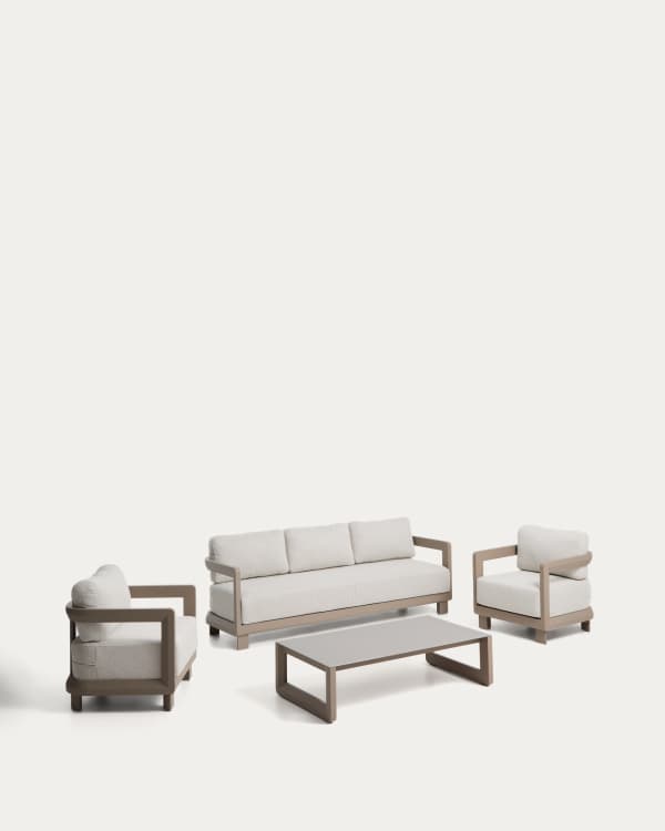 Set Nerano mit 3-Sitzer-Sofa, 2 Sesseln und Couchtisch aus gehärtetem Glas und Aluminium in Taupe