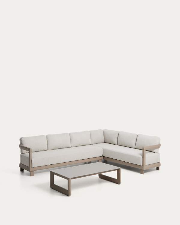 Set Nerano mit 5-Sitzer-Ecksofa und Couchtisch aus gehärtetem Glas und Aluminium in Taupe