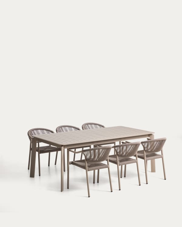 Set with Brela aluminium extendable table and 6 Livadia stackable chairs in taupe aluminium and synthetic rope cord 205(287) x 100cm