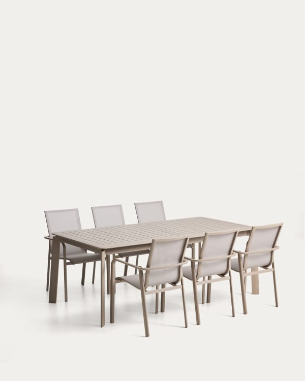 Set with Brela extendable table in taupe aluminium and 6 Canea chairs in taupe aluminium and beige texteline 205(287)x100cm