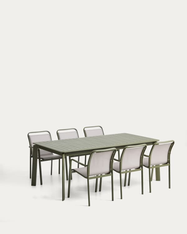 Set with Brela extendable table in green aluminium and 6 Luri chairs in green aluminium and beige texteline 205(287)x100cm