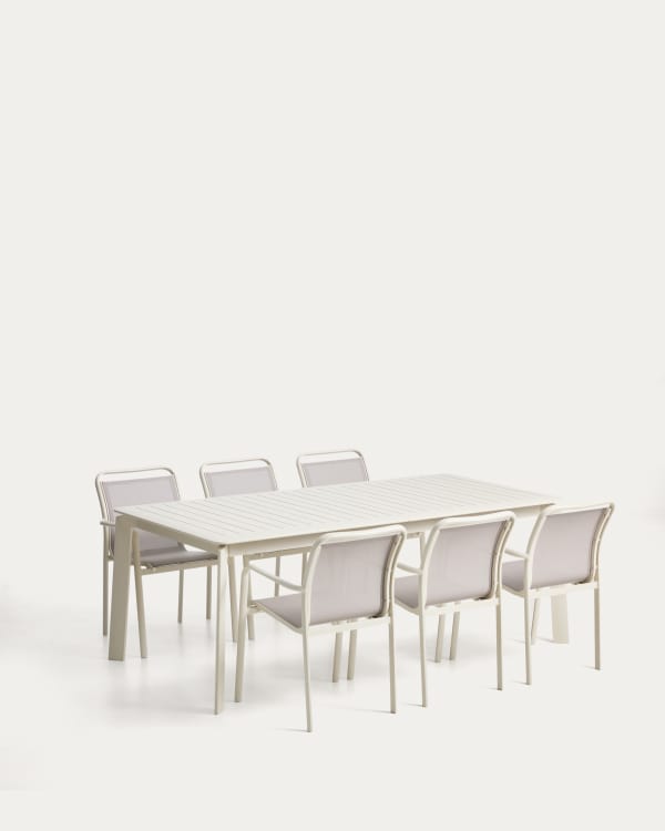 Set with Brela extendable table in ecru aluminium and 6 Luri chairs in ecru aluminium and beige texteline 205(287)x100cm