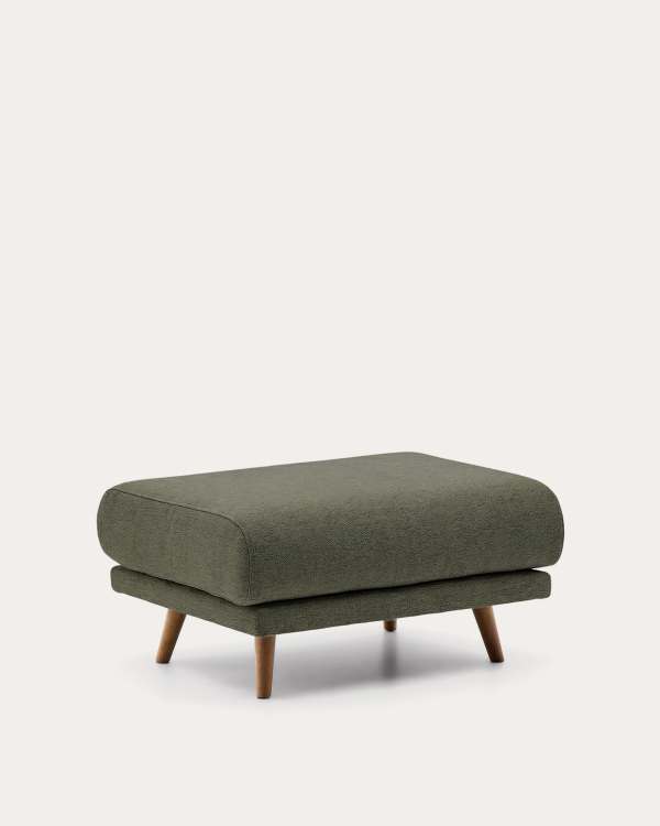 Poggiapiedi Karin in ciniglia beige con gambe in legno massiccio di faggio con finitura tono noce 90 x 70 cm