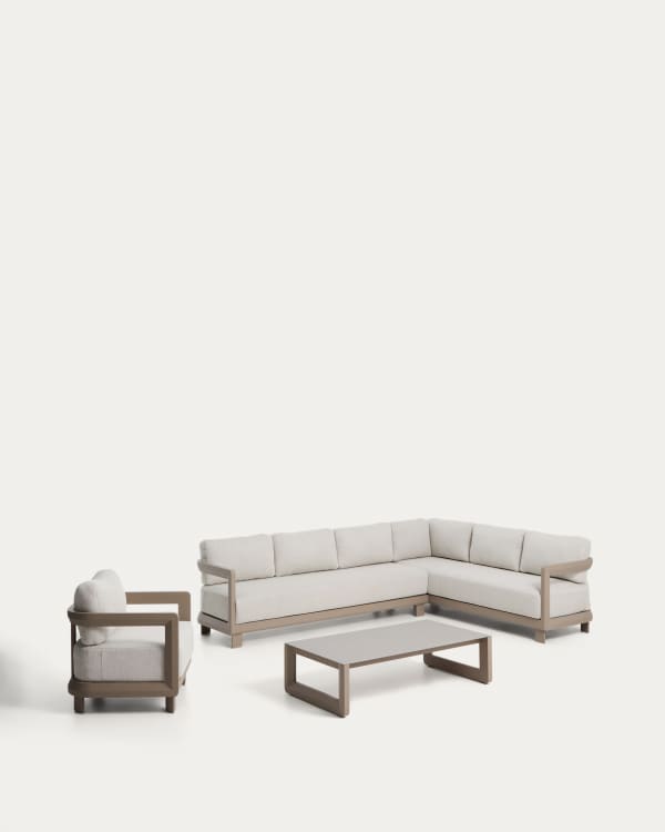 Nerano set with 5-seater corner sofa, armchair and coffee table in tempered glass and taupe aluminium