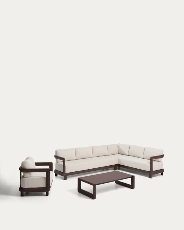 Nerano set with 5-seater corner sofa, armchair and coffee table in tempered glass and brown aluminium